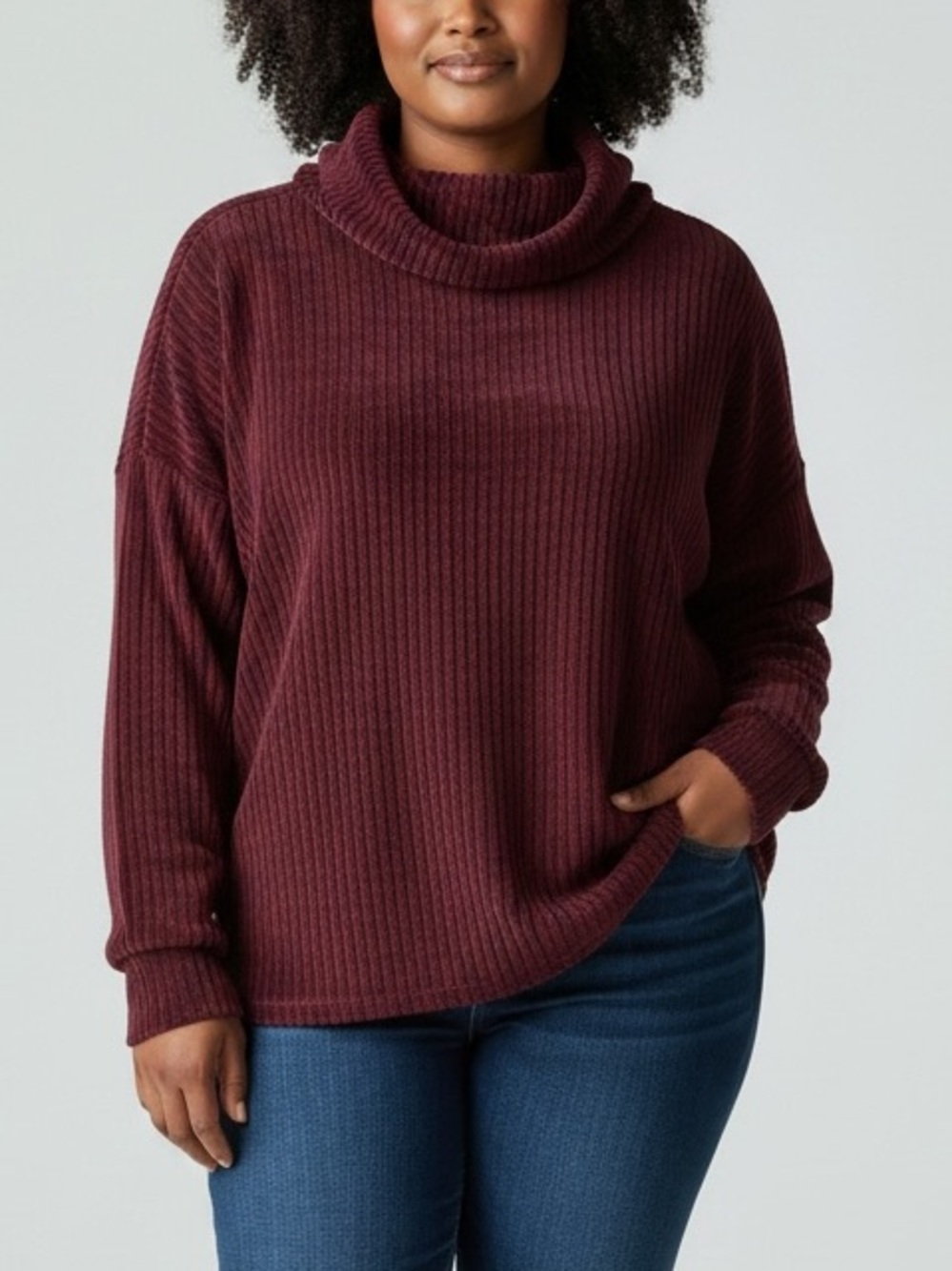 Addition Elle Ribbed Cowl Neck Sweater Burgundy